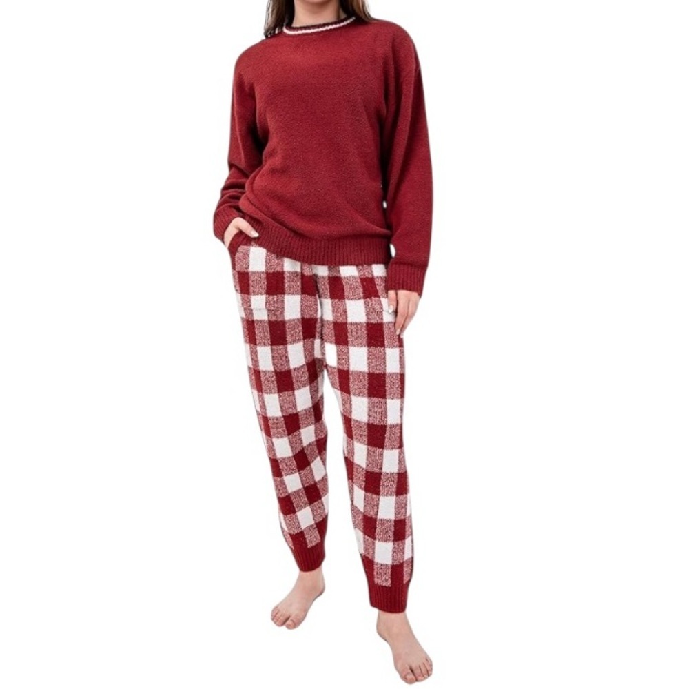 David Archy Fleece Buffalo Check Crew Neck Pajama Set Loungewear with Pockets